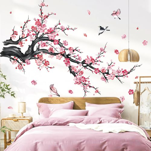 decalmile Rosa blomgren väggdekaler vattenfärg blomträd grenar väggklistermärken vardagsrum sovrum soffa TV bakgrund väggdekor