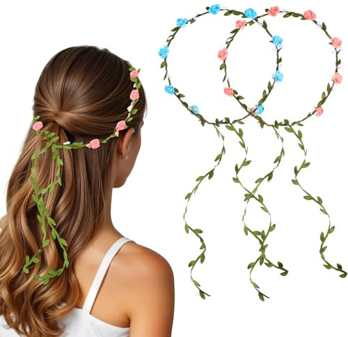 2 Stück Blumenkrone Stirnband,Blumenkranz Haare,Blumenkranz Kopfschmuck für Damen und Mädchen,Festival Blumen Haarband,Hochzeits Festival Flower Crown,Blau&Rosa