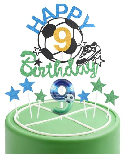 Set di candele per torta di compleanno a tema calcistico, candela numero 9 per torta, decorazioni per il 9° compleanno dei ragazzi, candele blu e verdi per torta a tema calcistico, decorazioni per