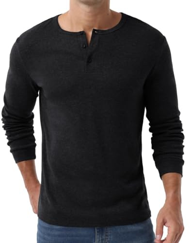 PrinStory Henley T-shirt för män långärmad pullover slim fit t-shirt v-ringad jumper topp med knapp