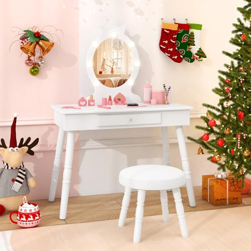 HONEY JOY Kids Vanity with Lights, Princess Wooden Makeup Table & Stool with Drawer, 3-Color LED Lights, Toddler Dressing Vanity for Little Girls, Pretend Play Kids Vanity Table and Chair Set (White)