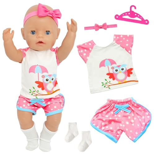 5 Pcs Baby Doll Clothes for 40–45 cm / 16–18 Inch Dolls, Pink Baby Doll Outfits with Polka Dot Top/Shorts, Bow Headband, Socks & Hanger, Cute Baby Doll Clothing Set, Best Gift for Girls