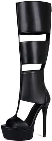 Frankie Hsu Goth Sexy Stiletto Piattaforma A Spillo Fatti A Mano Stivali Al Ginocchio Tacco Alto, Nero Gothic Punk Hot Girl Big Large Size Largo Vitello Stivali Lunghi Per Le Donne, nero, 43 EU