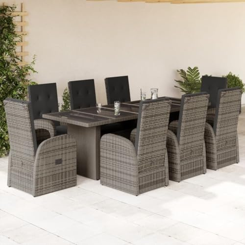 9-TLG. Gruppo da giardino in polyrattan grigio con cuscino, sedie regolabili, 240 x 90 cm, tavolo per terrazza, balcone, giardino
