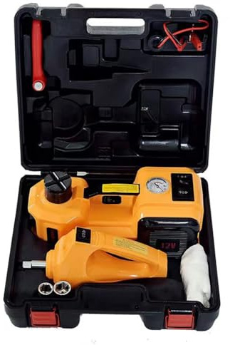 Kit cric elettrico per auto da 5 tonnellate, 12 V, sollevatore idraulico con avvitatore a impulsi e gonfiatore, per cambio pneumatici e riparazione garage (giallo)