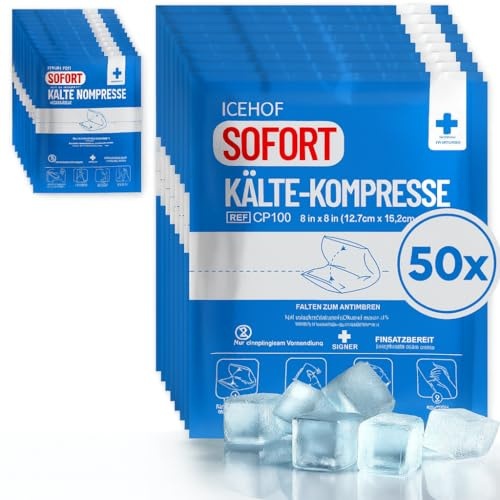 ICEHOF Kylkuddar för veck – 50 x omedelbar kall kompress – 15,3 x 12,7 cm kylpaket för engångsbruk – kylkuddar kylkompress för resor – veck kylpack – kylförpackning för veck