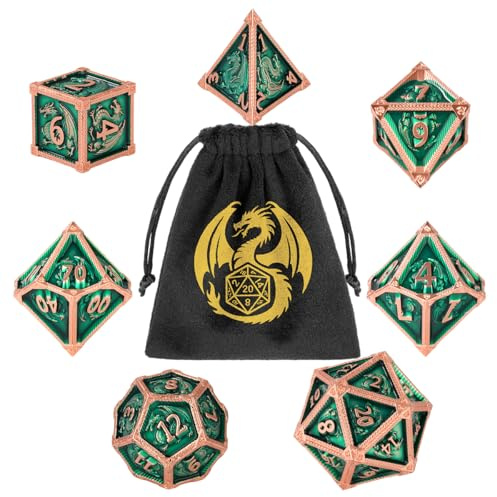 DND Dice Set, Dragon Engraved Metal Dice, Perfect for Tabletop Games, RPGs, Dice Games, Great Gifts for Players & DM, Dragon Dice Bag, DND Starter Set for Immersive Adventures, Green Copper
