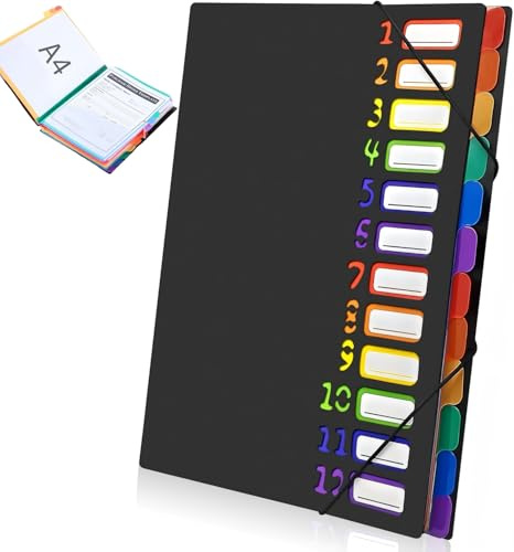 12 fack dokumentmapp A4 med snäppförslutning vattentät PP fackmapp utbyggbar mapp med färgade flikar för kontor, skola