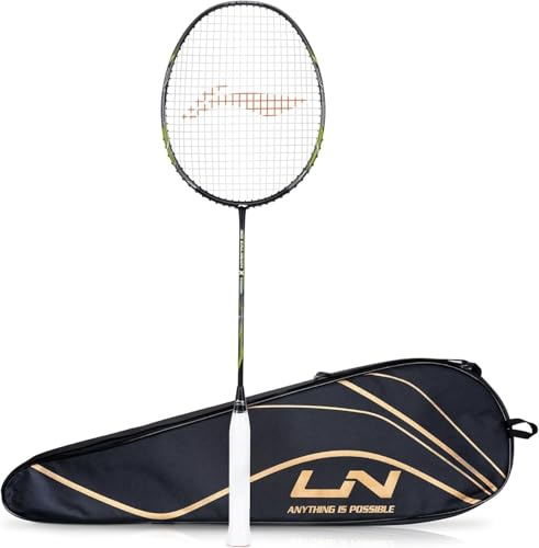 Li-Ning 3D Calibar X Combat Carbon Graphite Strung Badmintonracket 85 gram, 13,6 kg strängspänning och gratis helskydd (svart/lime)