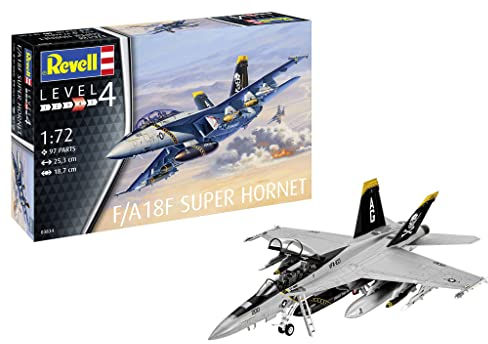 Revell Modellbausatz F/A-18 Super Hornet I Detaillierte Nachbildung des Kampfflugzeugs I 2 Decalversionen I Maßstab 1:72 mit 97 Teilen I Perfekt für erfahrene Modellbauer und Einsteiger I Kampfjet