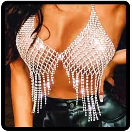 Sethain Boho Strass Brustkette Silber Quaste Kristall BH-Ketten Bikini-Kette Körperschmuck für Frauen und Mädchen