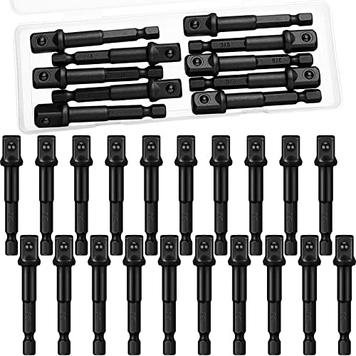 Mudder 20 Pieces 3/8 Inch Impact Adapter Square Socket Bit Adapter Hex Impact Socket for Drills Extension Accessory Driver Bits for Automotive DIY-1/4 Hex Shank(Black)