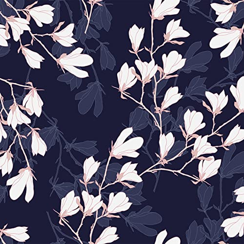 VEELIKE Papier peint floral lys magnolia vintage bleu foncé fleur papier contact autocollant dossier plastique botanique art mural meubles salon cuisine placard 44,5 cm × 300 cm