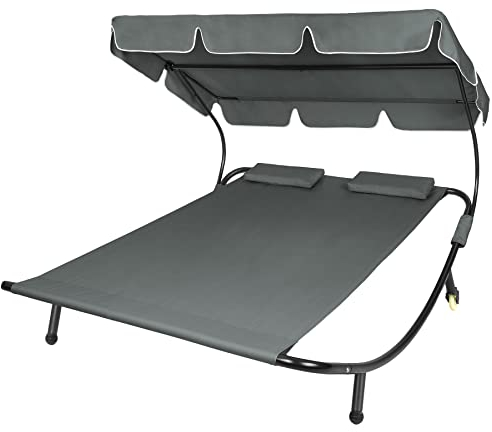TecTake® Lettino Prendisole Doppio con 2 Cuscini da Esterno, Robusto Telaio in Metallo, Comode Rotelle, Tenda da Sole Pieghevole, Resistente agli Agenti Atmosferici - Nero/Grigio