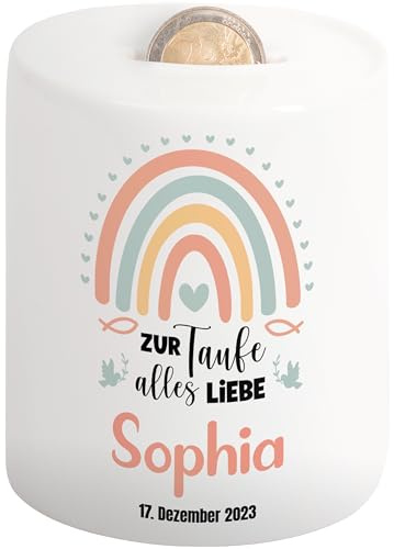 Taufgeschenk für Patenkind: Spardose personalisiert „Zur Taufe“ mit Namen & Datum - Sparbüchse für Mädchen & Jungen – Geld-Geschenke (Regenbogen)