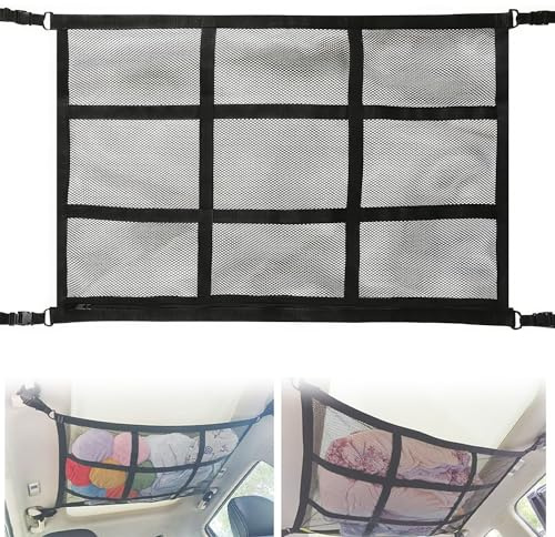 1 Piece Car Roof Zipper Cargo Net, Car Double-Layer Mesh, Car Roof Trunk Net Bag, Car Hook Bag Holder Net, Car Stretchable Cargo Net Storage Organizer