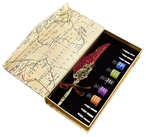 1 Set de Pluma y Tinta de Ave, Caja de Mapa con 5 Tintas, 6 Plumillas y Portaplumas, Accesorios de Caligrafía, Set de Pluma Fuente, Regalo Clásico y Elegante para Principiantes (Borgoña)