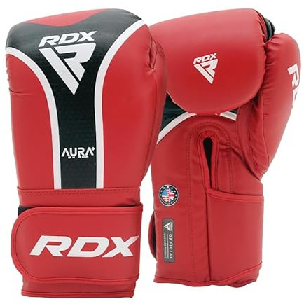 RDX Aura Plus T-17 boxningshandskar – Maya Hide Läder, MG-3 stoppning, Max-Shock Foam – för träning, Sparring, Kickboxing, Muay Thai – Quick-EZ rem – 10 oz – röd, blå, guld