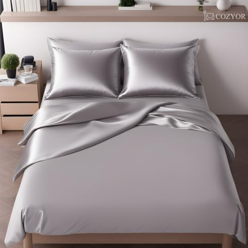 Cozyor Biancheria da letto double-face, 155 x 220 cm, in raso e microfibra, extra spessa e morbida, con robusta chiusura lampo, 1 copripiumino da 155 x 220 cm, 2 federe da 80 x 80 cm, 3 pezzi, grigio
