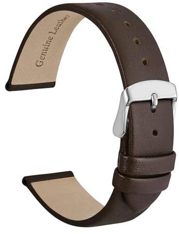 WOCCI 18mm Elegant Leather Watch Strap for Ladies with Silver Buckle (Dark Coffee)
