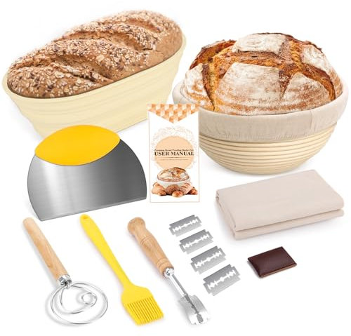 NZQXJXZ Gärkörbchen 25cm Runde & 26cm Oval Kombi Paket, Gärkorb für Brot aus Natürlichem Rattan und Silikon mit Leineneinsatz, Edelstahl Teigschaber, Brotmesser mit 5 Edelstahlklingen für Backkuchen