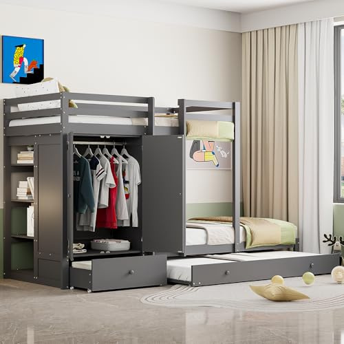 Letto a castello in legno massello 90 x 200 con letto estraibile, lettino multifunzionale con armadio, cassetti e ripiano, grigio