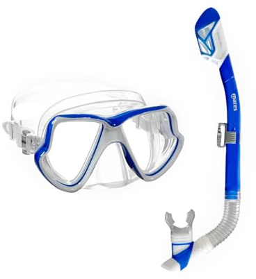 Mares Wahoo 411821 - Set di attrezzatura da snorkeling a secco per adulti, maschera a doppia lente, boccaglio anti-perdite con tubo flessibile e ugello ergonomico, blu/argento