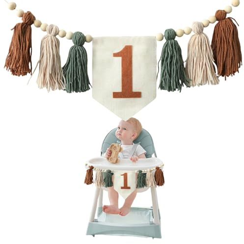 GlamRays Boho 1st Birthday High Chair Banner Party Decor for Girls and Boys Baby Shower Wall Hanging Decoration for Nursery (Brown Green White)