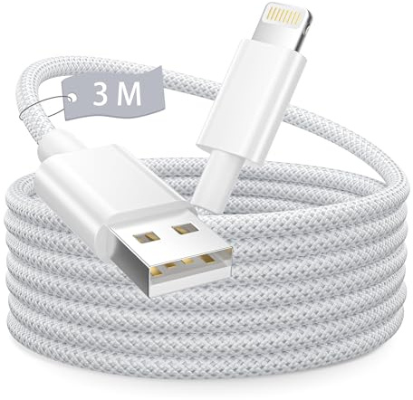 Anssan 3M Cable iPhone para Apple Cargador Carga Rapida,[MFi Certificado] Blanco Nylon Trenzado Charger Cable Cargador USB Lightning Carga Rápida para iPhone 14/13/12/11/Pro/Max/Plus/X/8/7/6/iPad