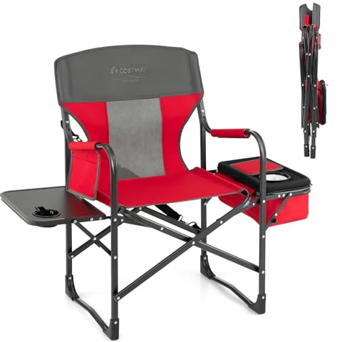 COSTWAY Campingstol med sidobord, kylväska och förvaringsväska, vikbar fiskestol, 180 kg lastkapacitet, bärbar regissstol, hopfällbar stol för camping, fiske, picknick (röd)