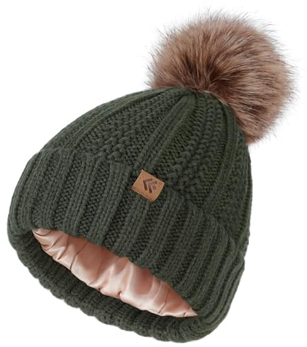 Creekstone Bobble Hat Satin Lined Beanie for Women Girls, Pom Pom Beanie, Warm Winter Hat Knit Hats with Faux Fur Pompom (UK, Alpha, One Size, Green)