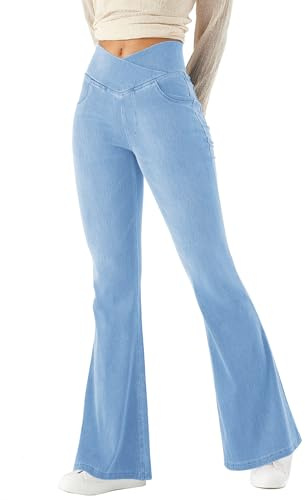 LaiEr Women Bootcut Jeans V Crossover High Waist Pull on Tummy Control Casual Fitness Skinny Yoga Pants,Denim Highly Elasticity Soft Fabric,Flared Fitness Trousers with Side Pockets(Light BlueXL)