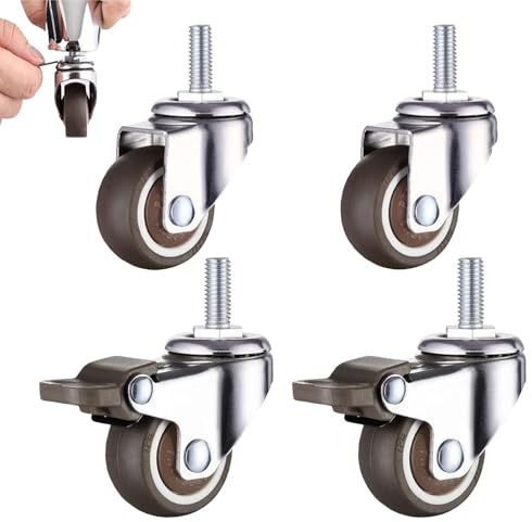 Svängbara hjul för möbler, 4 stycken M6 x 15 mm med gänga, små styrhjul, 25 mm tystgående möbelhjul, 360° vridbara gummimöbelhjul med 2 bromsar och 2 utan bromsar, för möbler, industrianläggningar