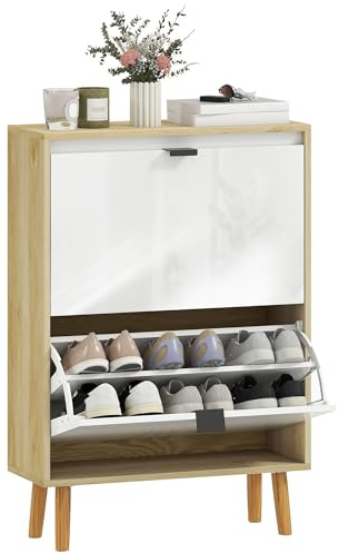 HOMCOM Zapatero Estrecho con 2 Puertas en Blanco Brillo, Zapatero Entrada Recibidor con Estantes Ajustables Patas de Madera, para 12 Pares de Zapatos, 60x24x91 cm Blanco