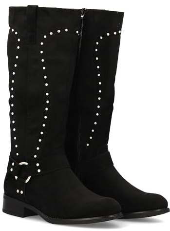 Botte Cowboy avec tige haute et clous pour femme. Talon moyen et confortable. Style campagne, imprimé uni, fermeture à glissière, idéale pour l'hiver automne., Noir , 37 EU