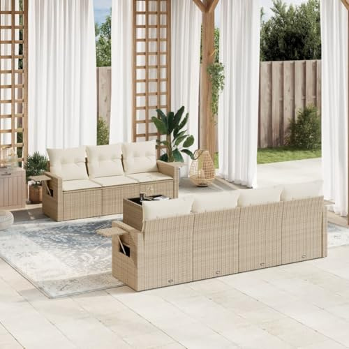 Set di 8 divani da giardino in polyrattan beige con cuscino, vano portaoggetti, tavoli pieghevoli, resistenti ai raggi UV, design modulare per balcone, veranda