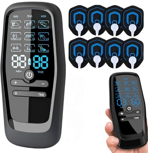 3 EN 1 TENS EMS Électrostimulateur Musculaire pour le soulagement de la douleur, la stimulation musculaire, avec 30 Intensités et 27 Modes, 2 Canaux Indépendant & 8 électrodes
