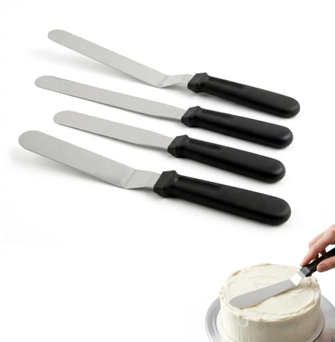 Set de 4 Spatules Pâtisserie, Spatule Coudée et Droite en Acier Inoxydable (8 & 6), Ustensiles Professionnels pour Glaçage de Gâteaux, Décoration de Cupcakes et Crêpes, Noir