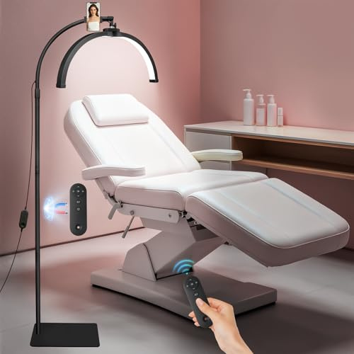 CGBE Lampada per Extension Ciglia Professionale: Dimmerabile LED Lampada Lashmaker Mezza Luna con Porta Cellulare - Testa Rotabile a 360° - Altezza Regolabili Lampada da Terra per Estetista - Nero