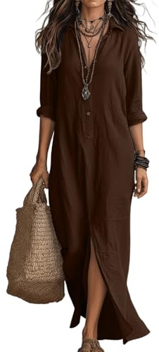 Women's Button V Neck 3/4 Sleeve Shirt Dress | Elegant Summer Fall Casual Solid Color Work Dresses Roll-up Sleeve Maxi Dress with Split