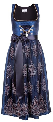 Edelnice Trachtenmode Josepha Designer esclusivo Dirndl lungo, con grembiule Dirndl e Charivari, taglia 32-56, Blu, 60