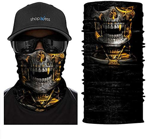 ShopINess Braga de Cuello Calavera Multifunción – Bandana Tubular Unisex para Moto, Deporte y Outdoor | Pañuelo Pasamontañas Transpirable con Protección Solar UPF 40+ | Halloween y Carnaval (Oro)