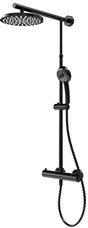 Schulte D9640 Duschsystem Black Style mit Sicherheits-Thermostat, Kopfbrause rund, schwarz matt, Korpus aus Messing, Duschmaster Rain mit Regendusche