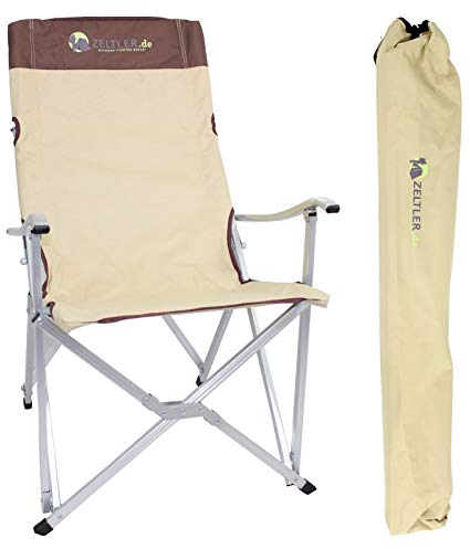 ZELTLER Campingstuhl 150 kg – 1,12 m Angelstuhl klappbar mit hoher Rückenlehne, 36,5 x 47 cm Sitzfläche in Cremebeige, inkl. Tragetasche