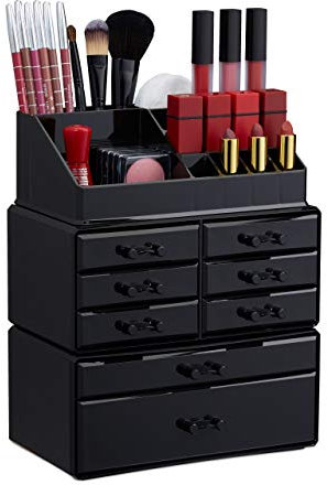 Relaxdays 1x Organizer Make-up con Cassetti, Contenitore Impilabile con Porta-Rossetti, in Acrilico, Nero