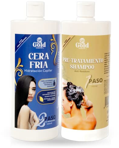 Gold DIAMOND – Kit Alisado Brasileño Cera Fría Sin Formol – Tratamiento de Keratina Profesional para Cabello Teñido, Poroso y Dañado – Hasta 6 Meses Sin Frizz (Kit Grande, 1000mL)