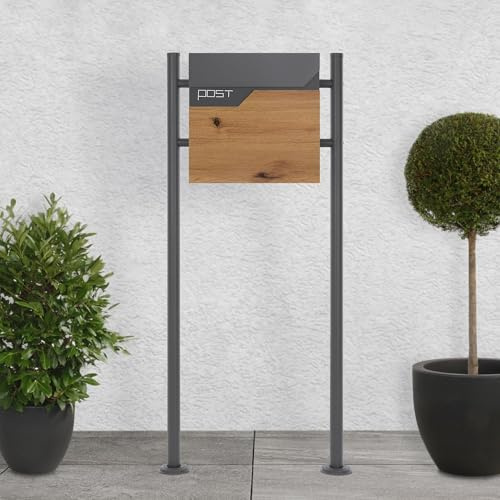 ECD Germany Cassetta Postale con Tubo per Giornali Antracite e Aspetto del Legno 37 x 37 x 11 cm e Supporto in Acciaio Verniciato Piedistallo per Cassetta delle Letere con Accessori di Montaggio