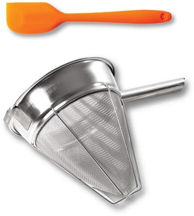 Bouillon Strainer - Stainless Steel Fine Mesh Metal Food Chinois, Cone Separator, Kitchen Colander Sieve for Sauce Jam Jelly Tea, 8 - With Spatula