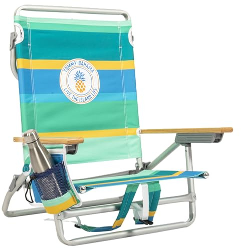 Tommy Bahama 5-Position Classic Lay Flat Backpack Beach Chair with Cooler and Cup Holder, Portable Folding Beach Chair for Tanning, Pineapple Stripe