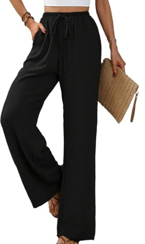 Yeenily Pantaloni da Donna Gamba Larga Solido Sciolto Palazzo Pantaloni Eleganti Vita Alta Pantaloni Leggeri Casual Pantalone Lunghi con Tasche (Nero, M)